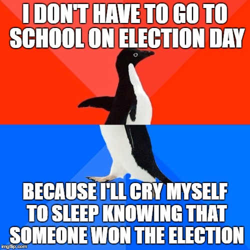 Well, that's why I wish I had that day off. | I DON'T HAVE TO GO TO SCHOOL ON ELECTION DAY; BECAUSE I'LL CRY MYSELF TO SLEEP KNOWING THAT SOMEONE WON THE ELECTION | image tagged in memes,socially awesome awkward penguin | made w/ Imgflip meme maker