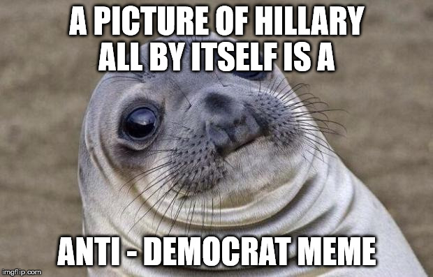 Awkward Moment Sealion Meme | A PICTURE OF HILLARY ALL BY ITSELF IS A ANTI - DEMOCRAT MEME | image tagged in memes,awkward moment sealion | made w/ Imgflip meme maker