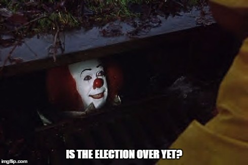 Clowns await the end of the election | IS THE ELECTION OVER YET? | image tagged in clowns,election,trump,clinton | made w/ Imgflip meme maker