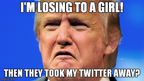 Loser Trump | I'M LOSING TO A GIRL! THEN THEY TOOK MY TWITTER AWAY? | image tagged in 2016 election,election 2016 fatigue,donald trump the clown | made w/ Imgflip meme maker