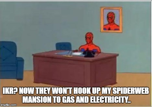 IKR? NOW THEY WON'T HOOK UP MY SPIDERWEB MANSION TO GAS AND ELECTRICITY.. | made w/ Imgflip meme maker
