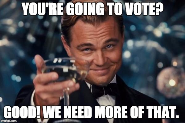 Leonardo Dicaprio Cheers Meme | YOU'RE GOING TO VOTE? GOOD! WE NEED MORE OF THAT. | image tagged in memes,leonardo dicaprio cheers | made w/ Imgflip meme maker