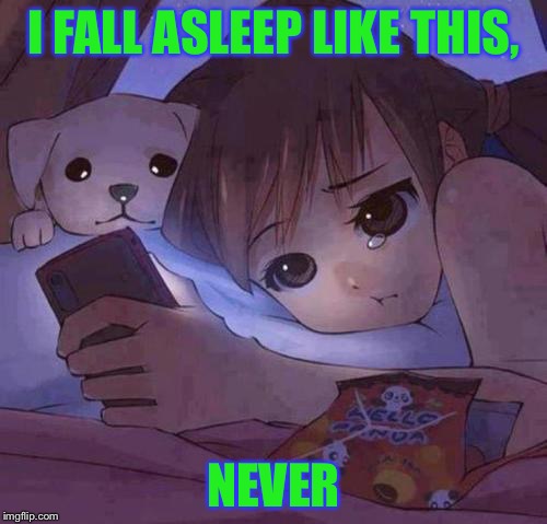 sad anime | I FALL ASLEEP LIKE THIS, NEVER | image tagged in sad anime | made w/ Imgflip meme maker