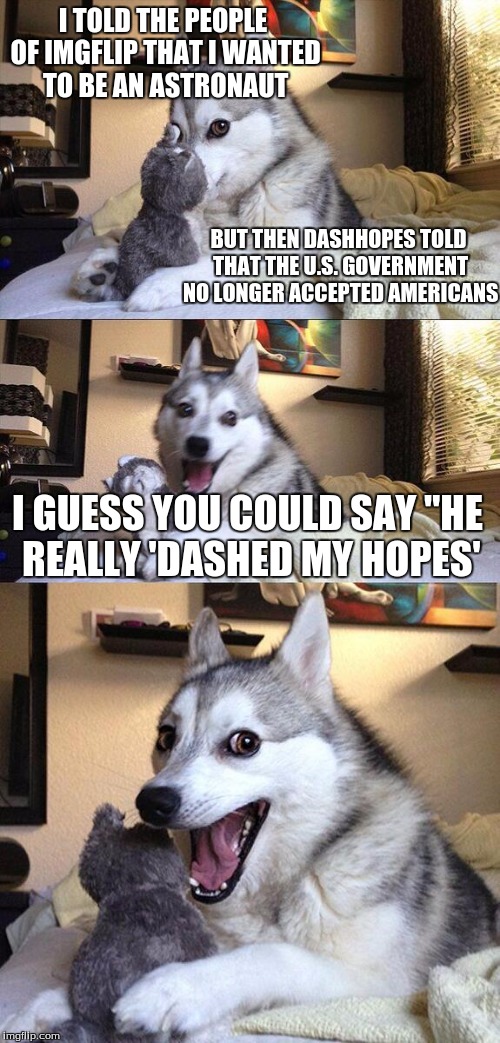 Bad Pun Dog Meme | I TOLD THE PEOPLE OF IMGFLIP THAT I WANTED TO BE AN ASTRONAUT; BUT THEN DASHHOPES TOLD THAT THE U.S. GOVERNMENT NO LONGER ACCEPTED AMERICANS; I GUESS YOU COULD SAY "HE REALLY 'DASHED MY HOPES' | image tagged in memes,bad pun dog | made w/ Imgflip meme maker