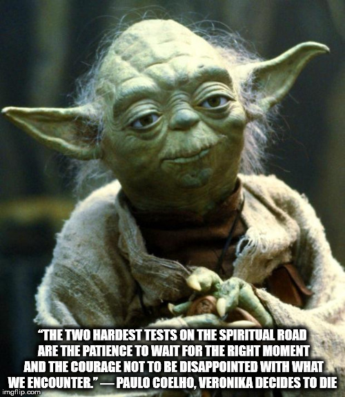 Star Wars Yoda | “THE TWO HARDEST TESTS ON THE SPIRITUAL ROAD ARE THE PATIENCE TO WAIT FOR THE RIGHT MOMENT AND THE COURAGE NOT TO BE DISAPPOINTED WITH WHAT WE ENCOUNTER.”
― PAULO COELHO, VERONIKA DECIDES TO DIE | image tagged in memes,star wars yoda | made w/ Imgflip meme maker