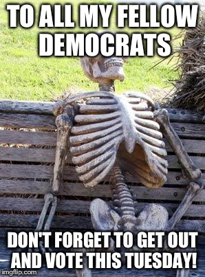 Talk about the silent majority! | TO ALL MY FELLOW DEMOCRATS; DON'T FORGET TO GET OUT AND VOTE THIS TUESDAY! | image tagged in memes,waiting skeleton | made w/ Imgflip meme maker