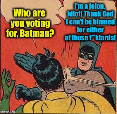 I feel relieved this election year!  | I'm a felon, idiot! Thank God I can't be blamed for either of those f**ktards! Who are you voting for, Batman? | image tagged in memes,batman slapping robin,evilmandoevil,funny | made w/ Imgflip meme maker