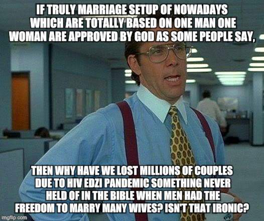 That Would Be Great Meme | IF TRULY MARRIAGE SETUP OF NOWADAYS WHICH ARE TOTALLY BASED ON ONE MAN ONE WOMAN ARE APPROVED BY GOD AS SOME PEOPLE SAY, THEN WHY HAVE WE LOST MILLIONS OF COUPLES DUE TO HIV EDZI PANDEMIC SOMETHING NEVER HELD OF IN THE BIBLE WHEN MEN HAD THE FREEDOM TO MARRY MANY WIVES? ISN'T THAT IRONIC? | image tagged in memes,that would be great | made w/ Imgflip meme maker