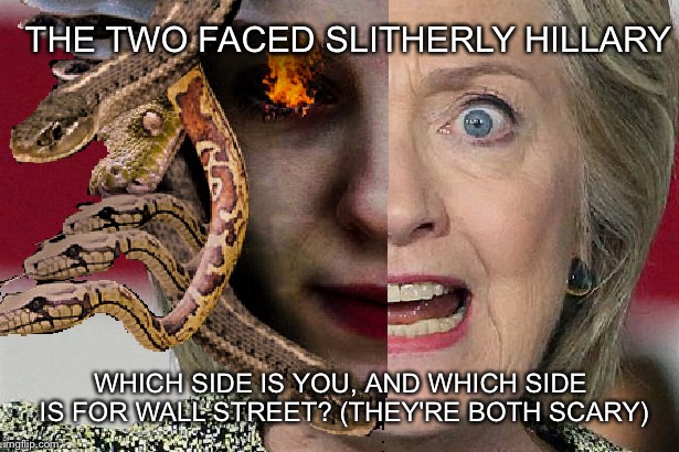 The Two Faced Witch! |  THE TWO FACED SLITHERLY HILLARY; WHICH SIDE IS YOU, AND WHICH SIDE IS FOR WALL STREET? (THEY'RE BOTH SCARY) | image tagged in hillary clinton 2016 | made w/ Imgflip meme maker
