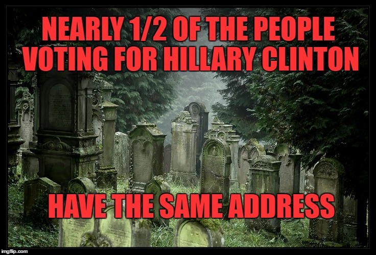 Hillary Voting Base | NEARLY 1/2 OF THE PEOPLE VOTING FOR HILLARY CLINTON; HAVE THE SAME ADDRESS | image tagged in graveyard,hillary clinton,voters | made w/ Imgflip meme maker