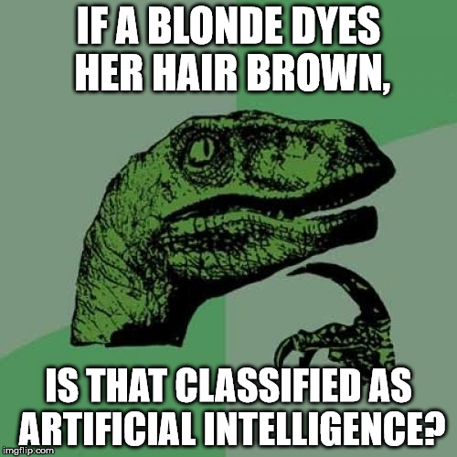 Philosoraptor | IF A BLONDE DYES HER HAIR BROWN, IS THAT CLASSIFIED AS ARTIFICIAL INTELLIGENCE? | image tagged in memes,philosoraptor | made w/ Imgflip meme maker
