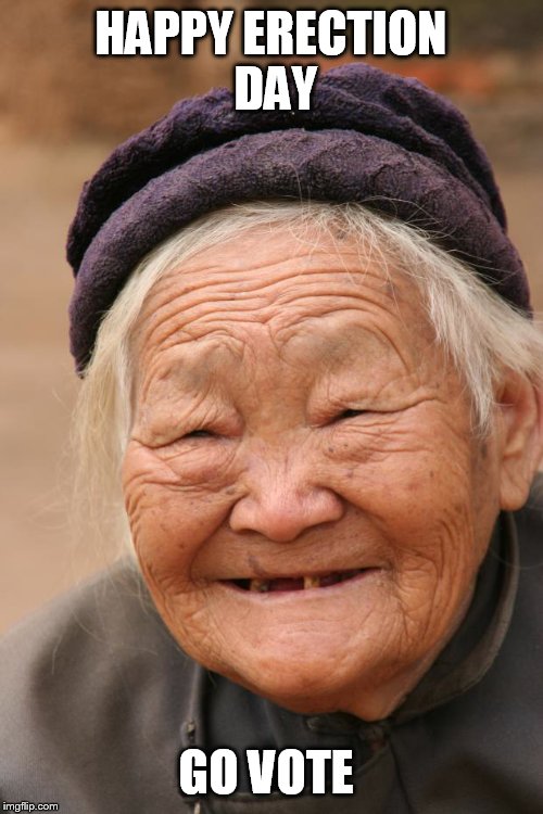 chinese lady | HAPPY ERECTION DAY; GO VOTE | image tagged in chinese lady | made w/ Imgflip meme maker