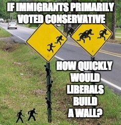 Immigrants Crossing | IF IMMIGRANTS PRIMARILY VOTED CONSERVATIVE; HOW QUICKLY WOULD LIBERALS BUILD A WALL? | image tagged in immigrants crossing | made w/ Imgflip meme maker