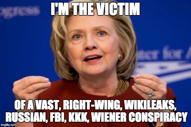 Hillary Clinton | I'M THE VICTIM; OF A VAST, RIGHT-WING, WIKILEAKS, RUSSIAN, FBI, KKK, WIENER CONSPIRACY | image tagged in hillary clinton | made w/ Imgflip meme maker