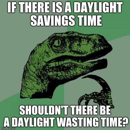 Philosoraptor | IF THERE IS A DAYLIGHT SAVINGS TIME; SHOULDN'T THERE BE A DAYLIGHT WASTING TIME? | image tagged in memes,philosoraptor,daylight savings time | made w/ Imgflip meme maker