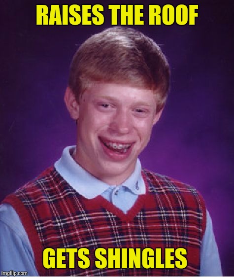 ...and the shakes | RAISES THE ROOF; GETS SHINGLES | image tagged in memes,bad luck brian,roof,shingles | made w/ Imgflip meme maker