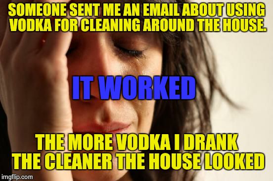 First World Problems | SOMEONE SENT ME AN EMAIL ABOUT USING VODKA FOR CLEANING AROUND THE HOUSE. IT WORKED; THE MORE VODKA I DRANK THE CLEANER THE HOUSE LOOKED | image tagged in memes,first world problems | made w/ Imgflip meme maker