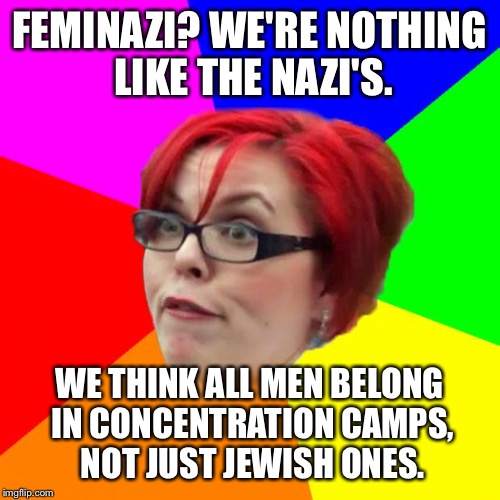 angry feminist | FEMINAZI? WE'RE NOTHING LIKE THE NAZI'S. WE THINK ALL MEN BELONG IN CONCENTRATION CAMPS, NOT JUST JEWISH ONES. | image tagged in angry feminist | made w/ Imgflip meme maker