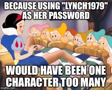 BECAUSE USING "LYNCH1979" AS HER PASSWORD WOULD HAVE BEEN ONE CHARACTER TOO MANY | made w/ Imgflip meme maker