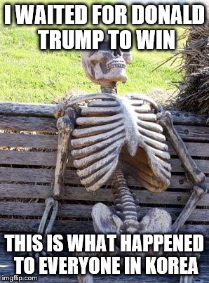 Waiting Skeleton | I WAITED FOR DONALD TRUMP TO WIN; THIS IS WHAT HAPPENED TO EVERYONE IN KOREA | image tagged in memes,waiting skeleton | made w/ Imgflip meme maker