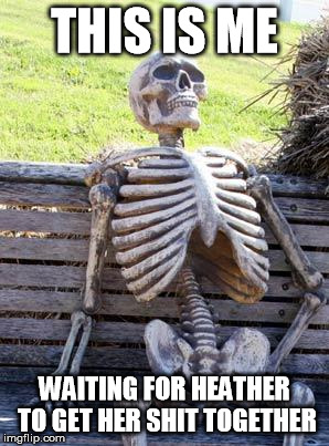 Waiting Skeleton Meme | THIS IS ME; WAITING FOR HEATHER TO GET HER SHIT TOGETHER | image tagged in memes,waiting skeleton | made w/ Imgflip meme maker