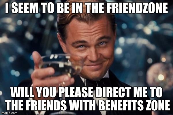BRUH  | I SEEM TO BE IN THE FRIENDZONE; WILL YOU PLEASE DIRECT ME TO THE FRIENDS WITH BENEFITS ZONE | image tagged in memes,leonardo dicaprio cheers | made w/ Imgflip meme maker