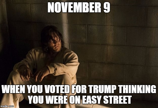 We Got a Front Row Seat | NOVEMBER 9; WHEN YOU VOTED FOR TRUMP THINKING YOU WERE ON EASY STREET | image tagged in dump trump,the walking dead,daryl dixon | made w/ Imgflip meme maker