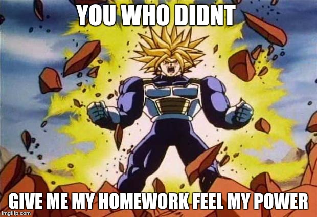 Dragon ball z | YOU WHO DIDNT; GIVE ME MY HOMEWORK FEEL MY POWER | image tagged in dragon ball z | made w/ Imgflip meme maker