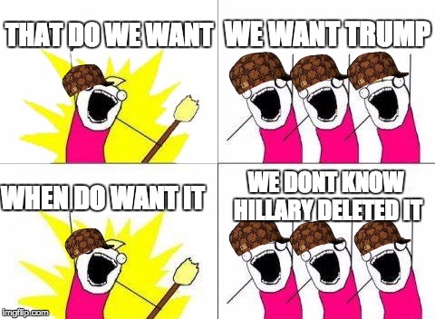 What Do We Want Meme | THAT DO WE WANT; WE WANT TRUMP; WHEN DO WANT IT; WE DONT KNOW HILLARY DELETED IT | image tagged in memes,what do we want,scumbag | made w/ Imgflip meme maker