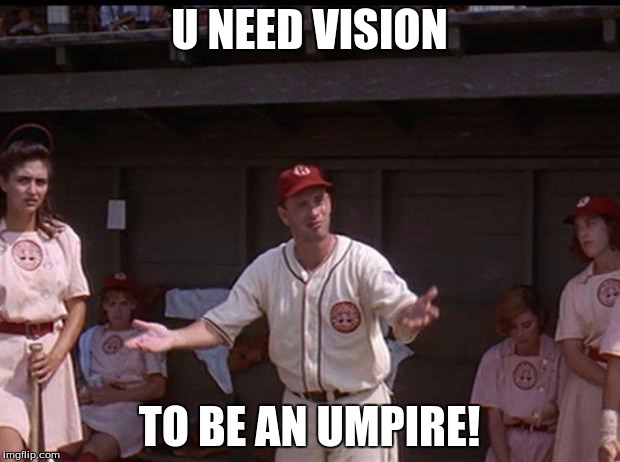 There's no ___ in baseball | U NEED VISION; TO BE AN UMPIRE! | image tagged in there's no ___ in baseball | made w/ Imgflip meme maker