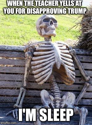 Waiting Skeleton Meme | WHEN THE TEACHER YELLS AT YOU FOR DISAPPROVING TRUMP; I'M SLEEP | image tagged in memes,waiting skeleton | made w/ Imgflip meme maker