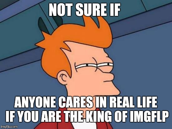 Futurama Fry | NOT SURE IF; ANYONE CARES IN REAL LIFE IF YOU ARE THE KING OF IMGFLP | image tagged in memes,futurama fry | made w/ Imgflip meme maker