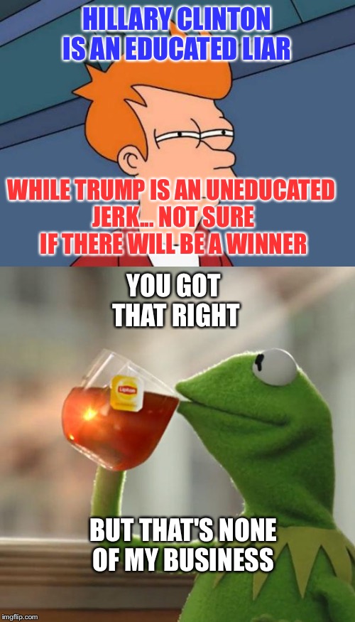 Will there really be a winner | HILLARY CLINTON IS AN EDUCATED LIAR; WHILE TRUMP IS AN UNEDUCATED JERK... NOT SURE IF THERE WILL BE A WINNER; YOU GOT THAT RIGHT; BUT THAT'S NONE OF MY BUSINESS | image tagged in donald trump and hillary clinton | made w/ Imgflip meme maker