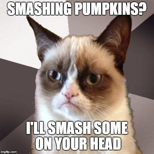 Musically Malicious Grumpy Cat | SMASHING PUMPKINS? I'LL SMASH SOME ON YOUR HEAD | image tagged in musically malicious grumpy cat | made w/ Imgflip meme maker