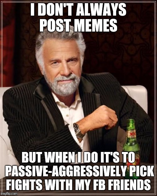 The Most Interesting Man In The World | I DON'T ALWAYS POST MEMES; BUT WHEN I DO IT'S TO PASSIVE-AGGRESSIVELY PICK FIGHTS WITH MY FB FRIENDS | image tagged in memes,the most interesting man in the world | made w/ Imgflip meme maker