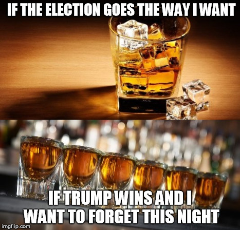Shots for Trump | IF THE ELECTION GOES THE WAY I WANT; IF TRUMP WINS AND I WANT TO FORGET THIS NIGHT | image tagged in whiskey,election 2016,election,trump,hillary clinton,shots | made w/ Imgflip meme maker