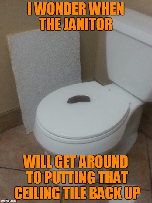 I WONDER WHEN THE JANITOR WILL GET AROUND TO PUTTING THAT CEILING TILE BACK UP | made w/ Imgflip meme maker