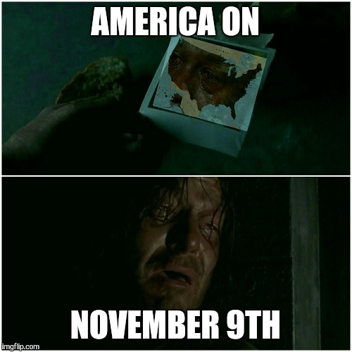 Daryl Dixon crying after the 2016 election | AMERICA ON; NOVEMBER 9TH | image tagged in the walking dead,daryl dixon crying,crying michael jordan,crying jordan,election 2016 | made w/ Imgflip meme maker