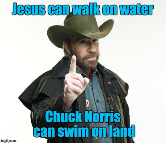Chuck Norris Finger | Jesus can walk on water; Chuck Norris can swim on land | image tagged in chuck norris,trhtimmy,memes,jesus | made w/ Imgflip meme maker