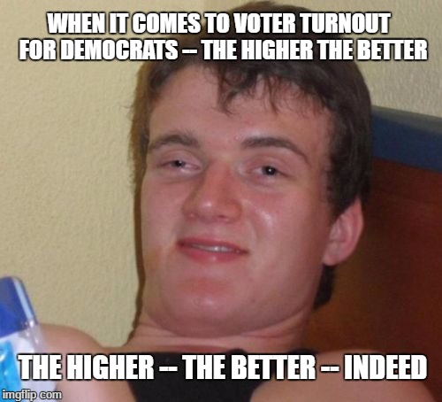 10 Guy |  WHEN IT COMES TO VOTER TURNOUT  FOR DEMOCRATS -- THE HIGHER THE BETTER; THE HIGHER -- THE BETTER -- INDEED | image tagged in memes,10 guy | made w/ Imgflip meme maker