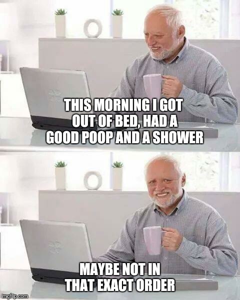 For hokeewolf and all poop joke lovers | THIS MORNING I GOT OUT OF BED, HAD A GOOD POOP AND A SHOWER; MAYBE NOT IN THAT EXACT ORDER | image tagged in memes,hide the pain harold | made w/ Imgflip meme maker