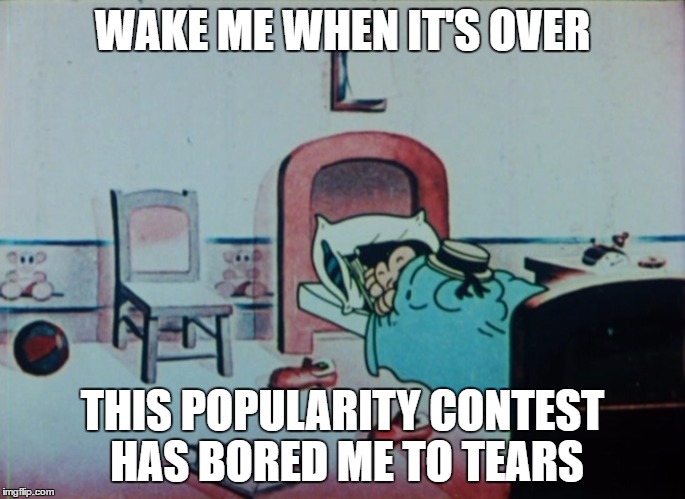 still waiting for the election to be over | WAKE ME WHEN IT'S OVER; THIS POPULARITY CONTEST HAS BORED ME TO TEARS | image tagged in memes | made w/ Imgflip meme maker
