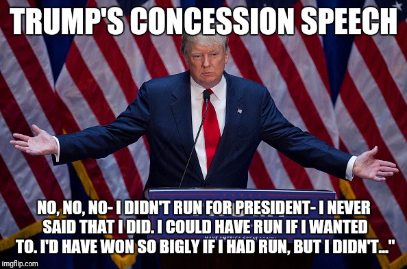 Donald Trump | TRUMP'S CONCESSION SPEECH; NO, NO, NO- I DIDN'T RUN FOR PRESIDENT- I NEVER SAID THAT I DID. I COULD HAVE RUN IF I WANTED TO. I'D HAVE WON SO BIGLY IF I HAD RUN, BUT I DIDN'T..." | image tagged in donald trump | made w/ Imgflip meme maker