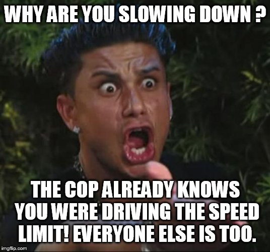 DJ Pauly D Meme | WHY ARE YOU SLOWING DOWN ? THE COP ALREADY KNOWS YOU WERE DRIVING THE SPEED LIMIT! EVERYONE ELSE IS TOO. | image tagged in memes,dj pauly d | made w/ Imgflip meme maker
