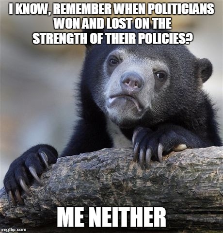 Confession Bear Meme | I KNOW, REMEMBER WHEN POLITICIANS WON AND LOST ON THE STRENGTH OF THEIR POLICIES? ME NEITHER | image tagged in memes,confession bear | made w/ Imgflip meme maker