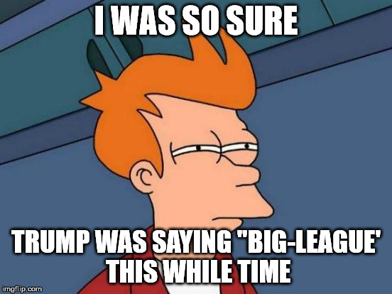 Futurama Fry Meme | I WAS SO SURE TRUMP WAS SAYING "BIG-LEAGUE' THIS WHILE TIME | image tagged in memes,futurama fry | made w/ Imgflip meme maker