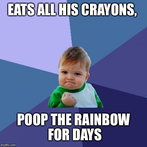 Success Kid Meme | EATS ALL HIS CRAYONS, POOP THE RAINBOW FOR DAYS | image tagged in memes,success kid | made w/ Imgflip meme maker