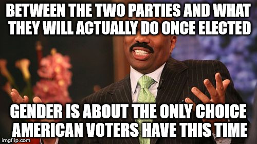 Steve Harvey Meme | BETWEEN THE TWO PARTIES AND WHAT THEY WILL ACTUALLY DO ONCE ELECTED GENDER IS ABOUT THE ONLY CHOICE AMERICAN VOTERS HAVE THIS TIME | image tagged in memes,steve harvey | made w/ Imgflip meme maker