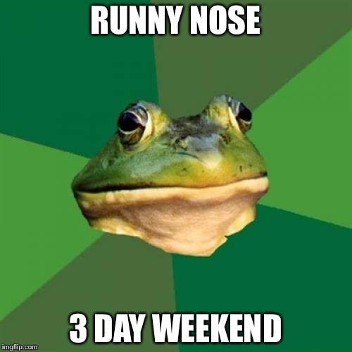 Foul Bachelor Frog Meme | RUNNY NOSE; 3 DAY WEEKEND | image tagged in memes,foul bachelor frog | made w/ Imgflip meme maker