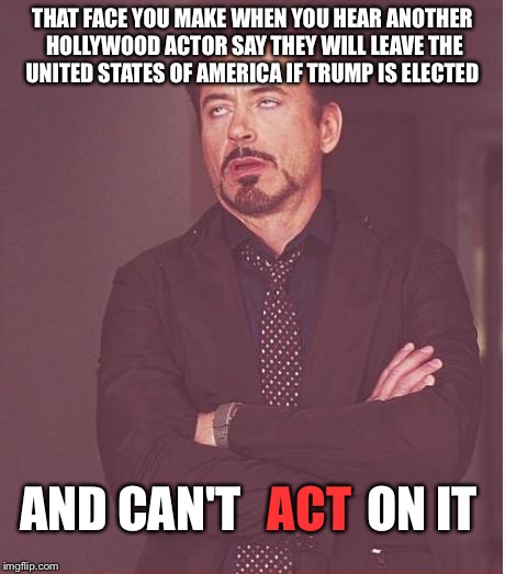 Face You Make When Hollywood Actors Can't Even Act On Their Own Lines When Not Acting  | THAT FACE YOU MAKE WHEN YOU HEAR ANOTHER HOLLYWOOD ACTOR SAY THEY WILL LEAVE THE UNITED STATES OF AMERICA IF TRUMP IS ELECTED; AND CAN'T             ON IT; ACT | image tagged in memes,face you make robert downey jr,hollywood,actor,trump 2016,hillary clinton 2016 | made w/ Imgflip meme maker